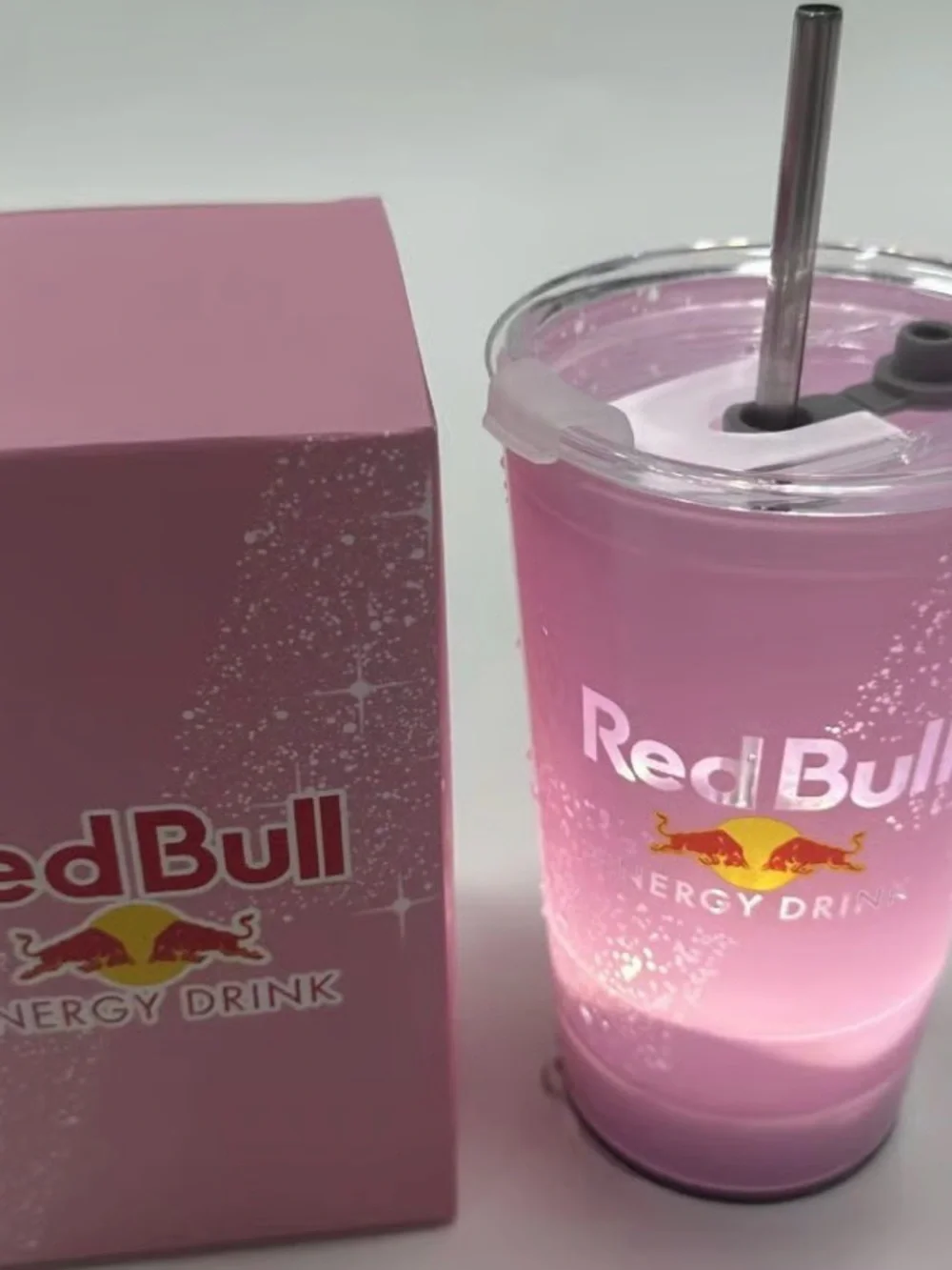 Red Bull liquid activated cup with lid and straw. Your choice of color.